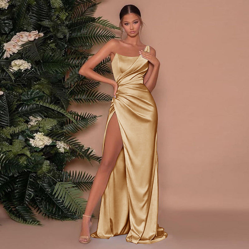 Judy Evening Dress Woman – Long Satin Dress with V-Neckline, Elegant Cut & Flowing Skirt