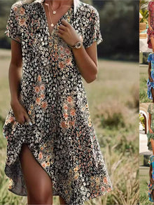 Jeanne Women's Dress – Elegant V-Neck Dress with Buttons, Flattering Cut & Timeless Floral Pattern