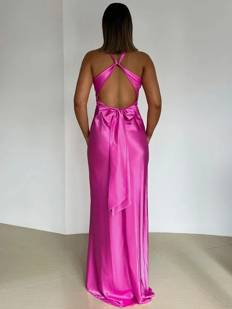 Gina Evening Dress Woman – Long Satin Dress with Elegant Halter Neck and Sleeveless