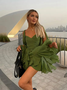 Jasmine Mini Dress for Women – Sexy Green Pleated Dress with Long Sleeves & V-Neckline