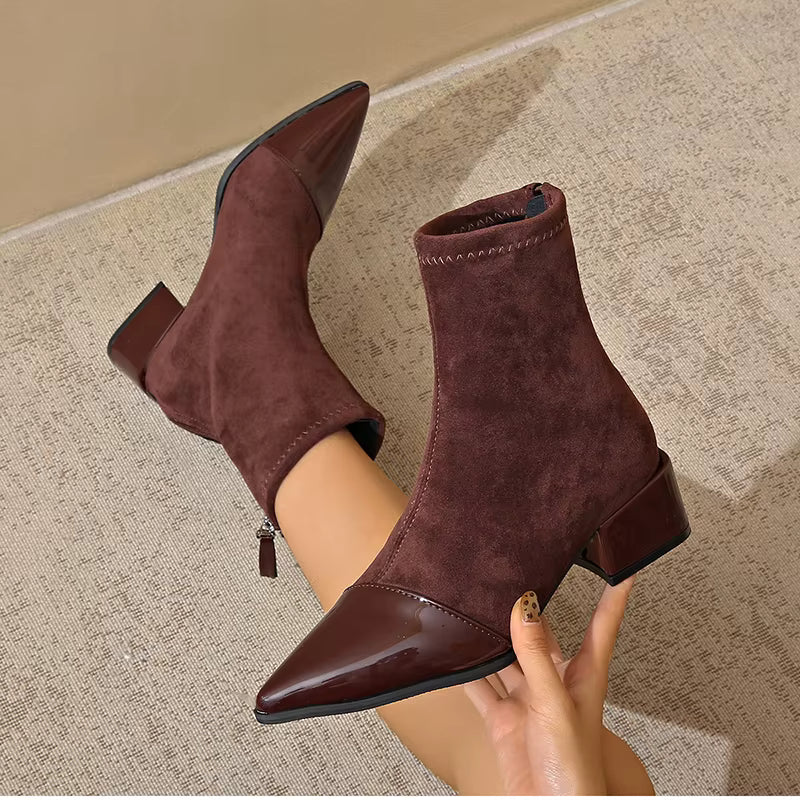 Gracia Women's Ankle Boots – Elegant Suede Boots with Patent Details & Comfortable Block Heel