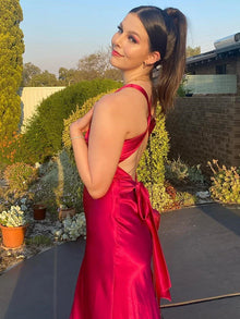 Gina Evening Dress Woman – Long Satin Dress with Elegant Halter Neck and Sleeveless