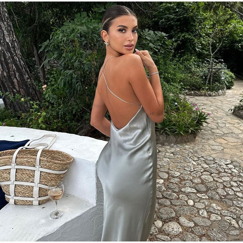 Géraldine Long Dress Woman – Maxi Dress Sleeveless with Elegant Open Back for Chic Summer
