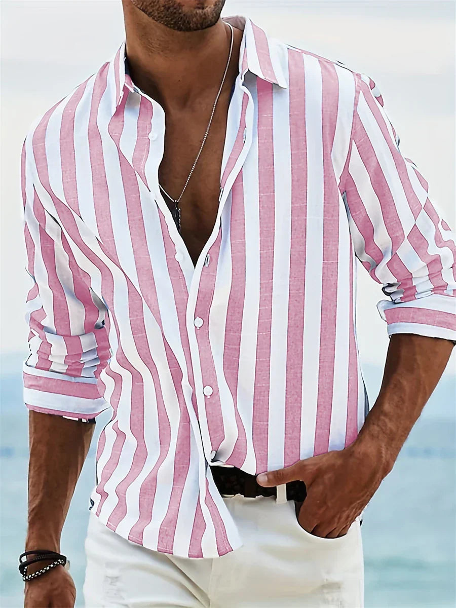 James Summer Shirt Men – Light Blue Striped Shirt in Blended Linen with Cotton & Relaxed Fit