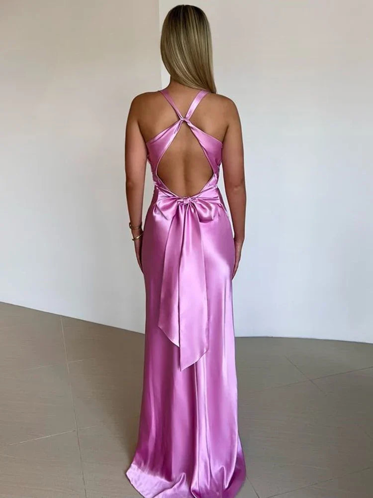 Gina Evening Dress Woman – Long Satin Dress with Elegant Halter Neck and Sleeveless