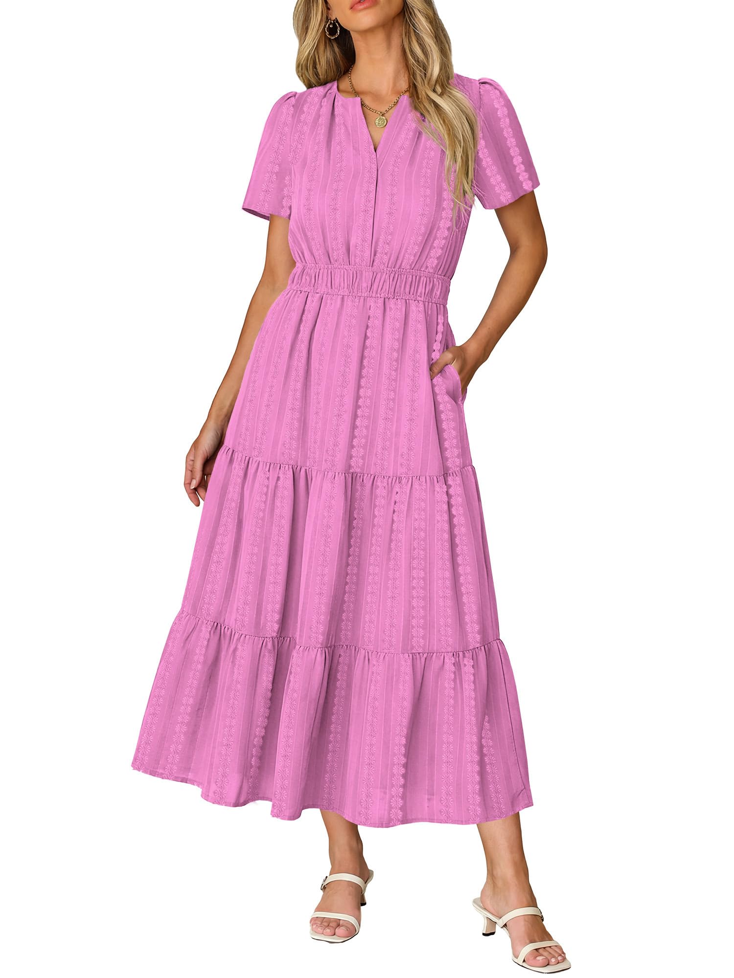 Ruma Women's Dress – V-Neck Short Sleeves, A-Line Maxi Cut & Elastic Waist with Pockets