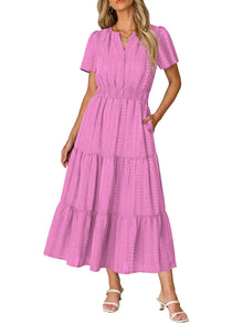 Ruma Women's Dress – V-Neck Short Sleeves, A-Line Maxi Cut & Elastic Waist with Pockets