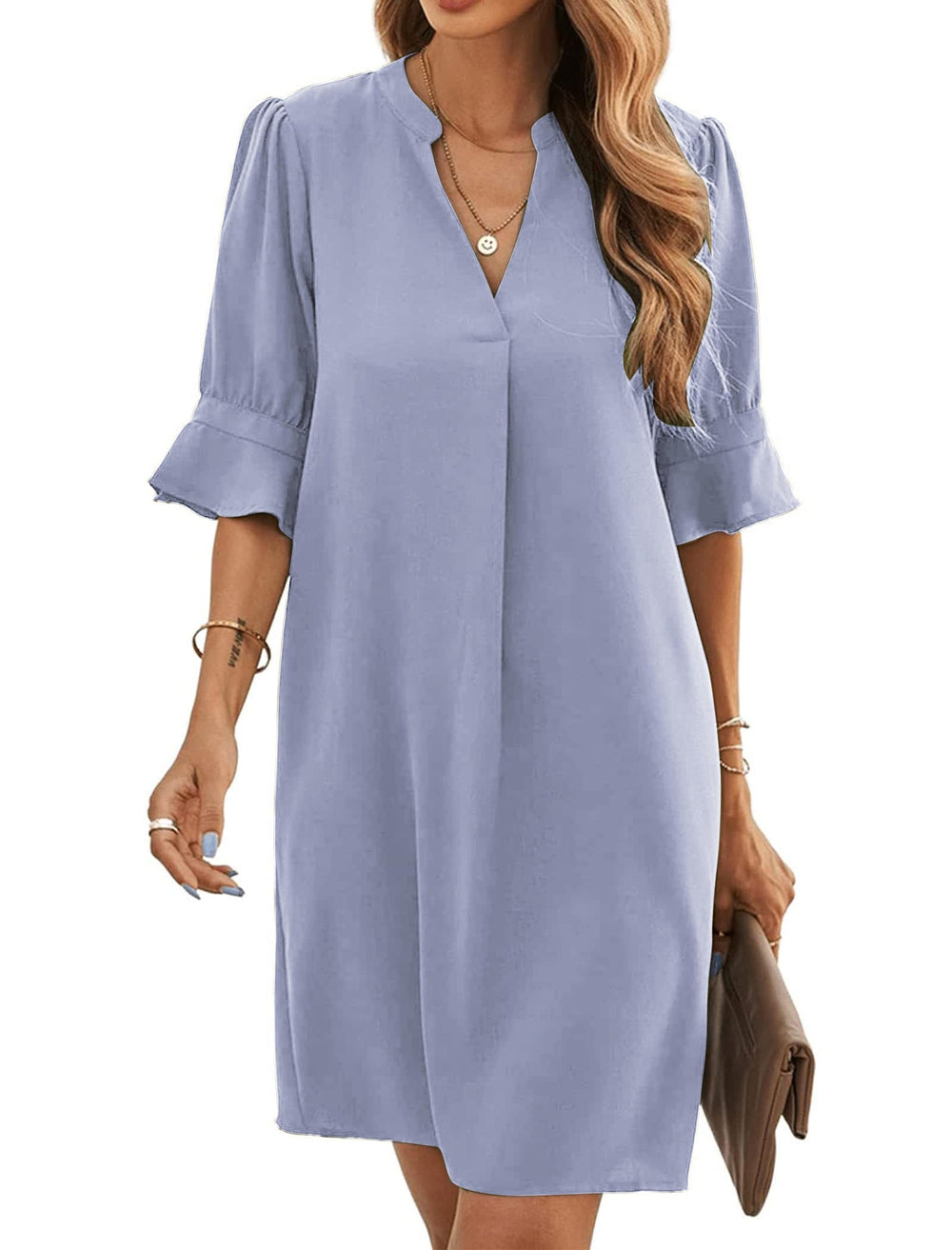 Bibiana Women's Dress – V-Neck Short Sleeves, Straight Cut Mini, Lightweight Solid Summer