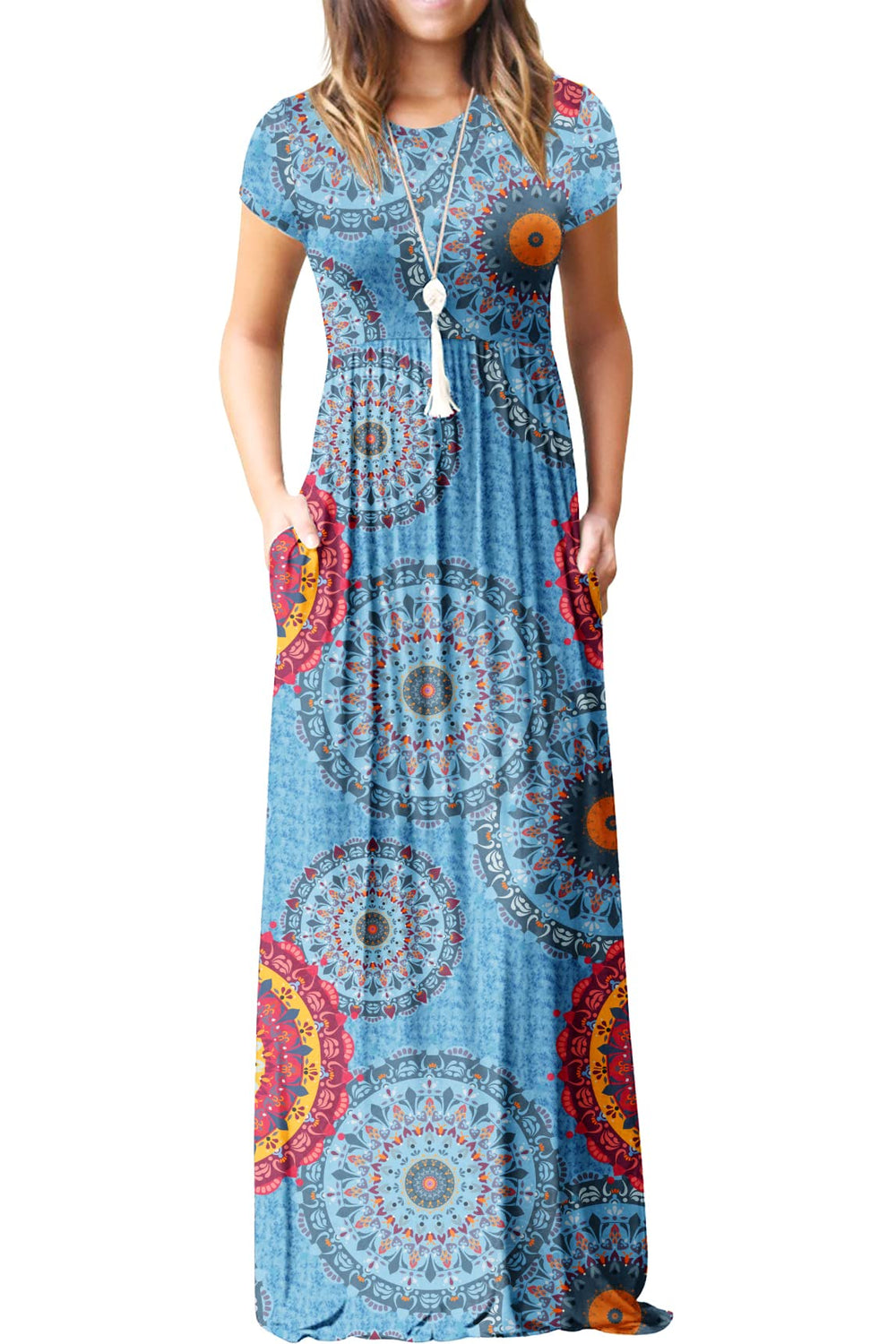 Bridget Maxi Dress for Women – Solid Round Neck, Flowing Fit & High Waist with Pockets Summer
