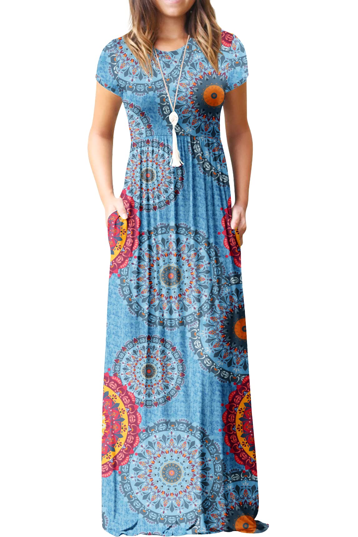 Bridget Maxi Dress for Women – Solid Round Neck, Flowing Fit & High Waist with Pockets Summer