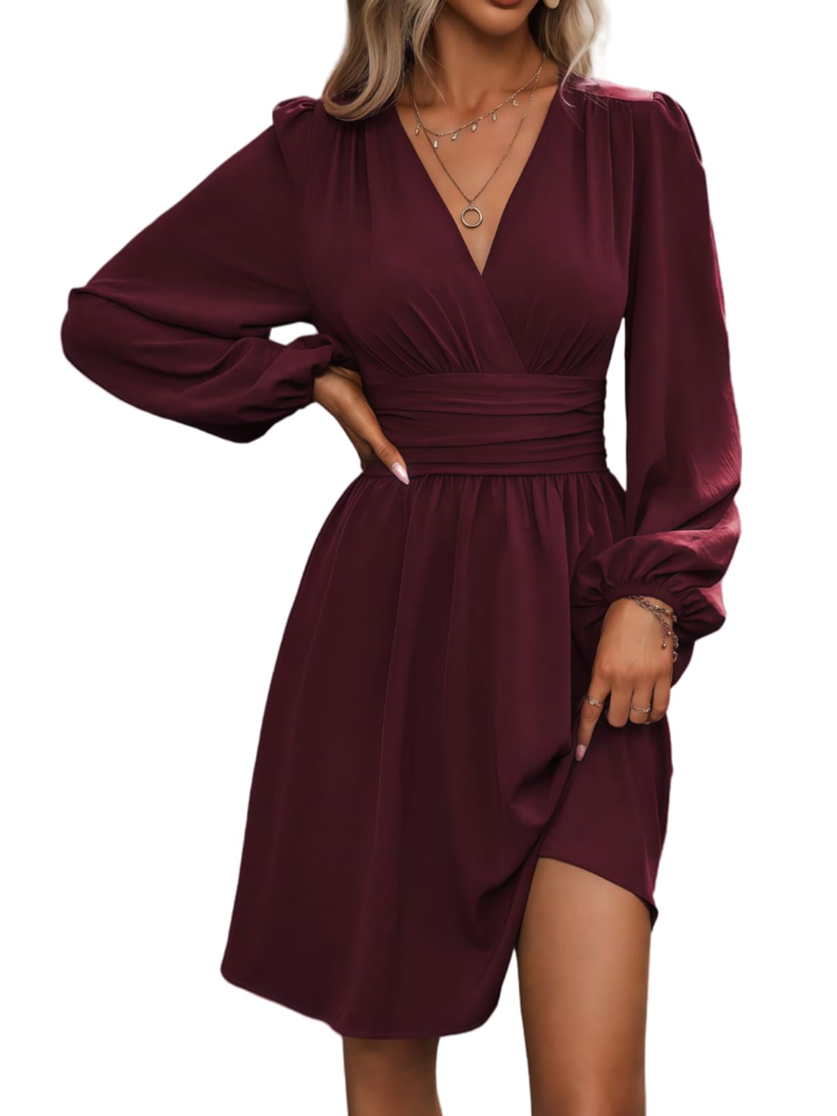 Luminelle Women's Dress – V-Neck Floral, Lantern Sleeves & Elegant A-Line Mini Cut
