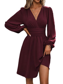 Luminelle Women's Dress – V-Neck Floral, Lantern Sleeves & Elegant A-Line Mini Cut