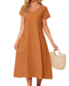Sussie Maxi Cotton Dress for Women – Summer Dress with Round Neck, Loose Fit & Comfortable Pockets