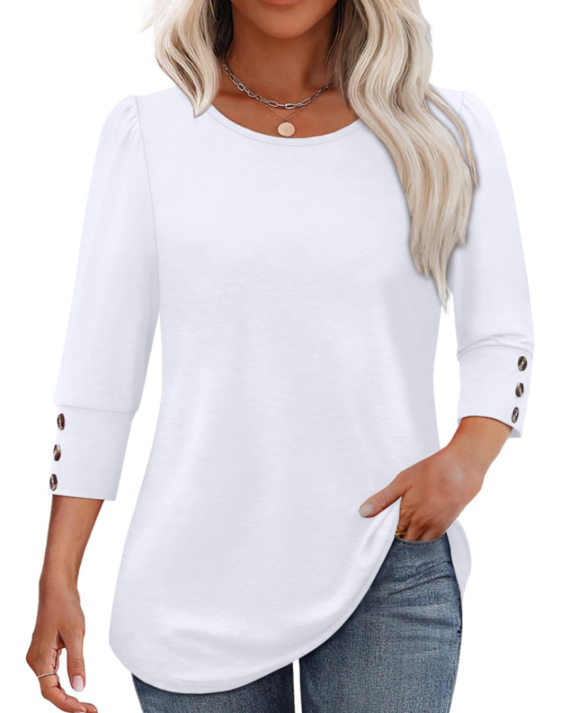 Veda Women's Blouse – Chic V-Neck Top with 3/4 Puff Sleeves & Smocked Cuffs