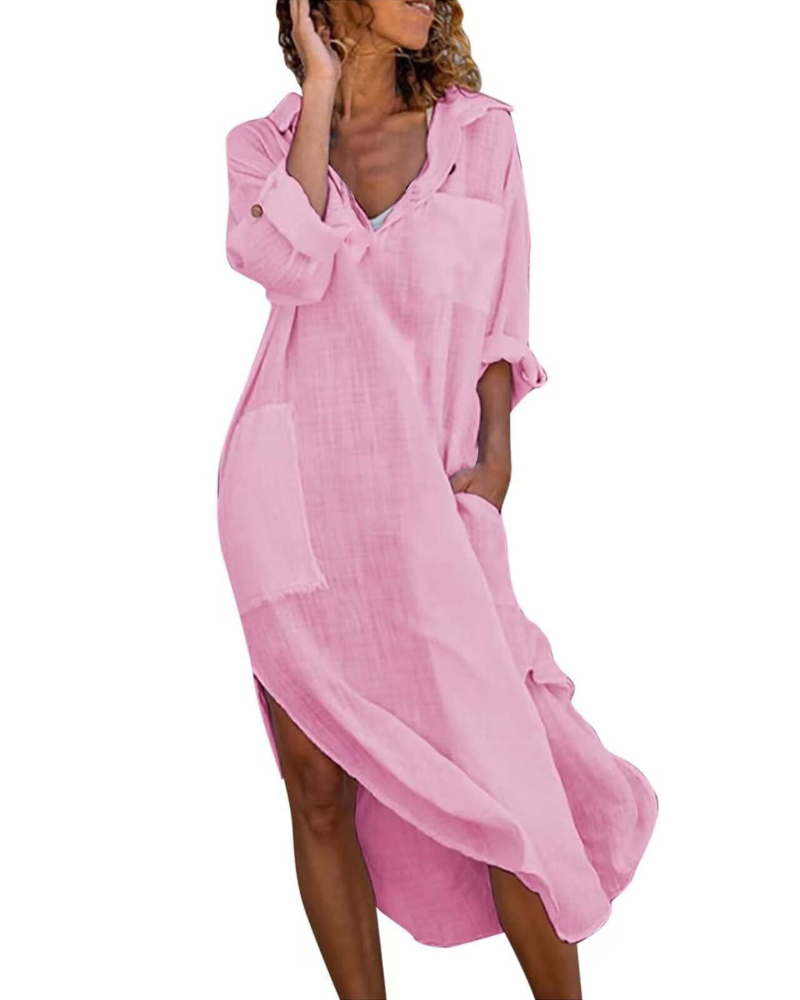 Lindy Women's Robe Chemise – Long Buttoned Cotton-Linen Dress Adjustable Size Elegant & Casual