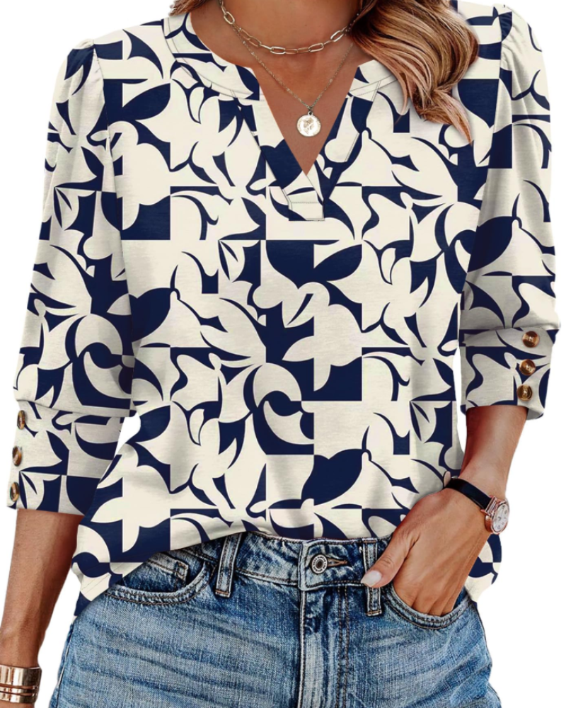 Zeline Women's Blouse – V-Neck Top with 3/4 Sleeves, Buttons & Business Casual Style