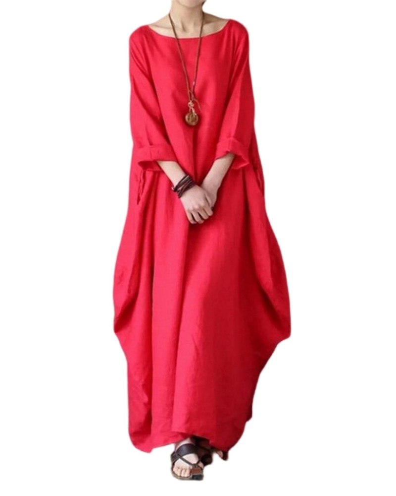 Sandy Long Dress for Women – Maxi Cotton-Linen Dress, Loose Fit, Round Neck, 3/4 Sleeves, Elegant