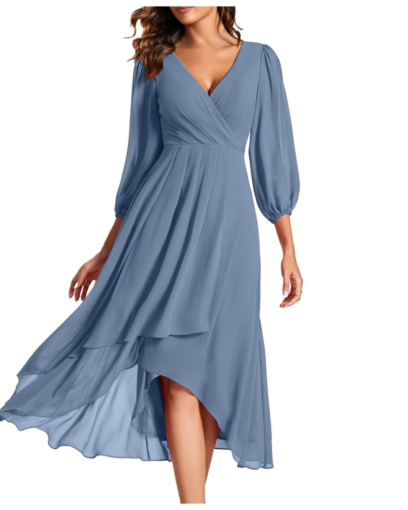 Haynie Women's Dress – Elegant Midi Dress with V-Neck, 3/4 Sleeves, Chic Flowing Cut, Summer