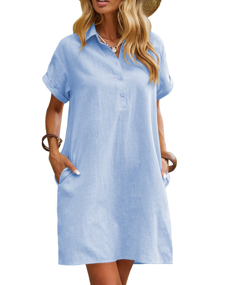 Raine Women's Dress Chemise – Mid-Length Linen Cotton Dress with V-Neck, Buttons, Pockets, Casual Chic Summer