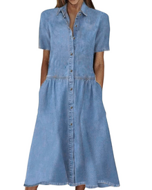 Monette Women's Dress – Mid-Length Button-Down Denim Dress with Shirt Collar & Casual Chic Pockets