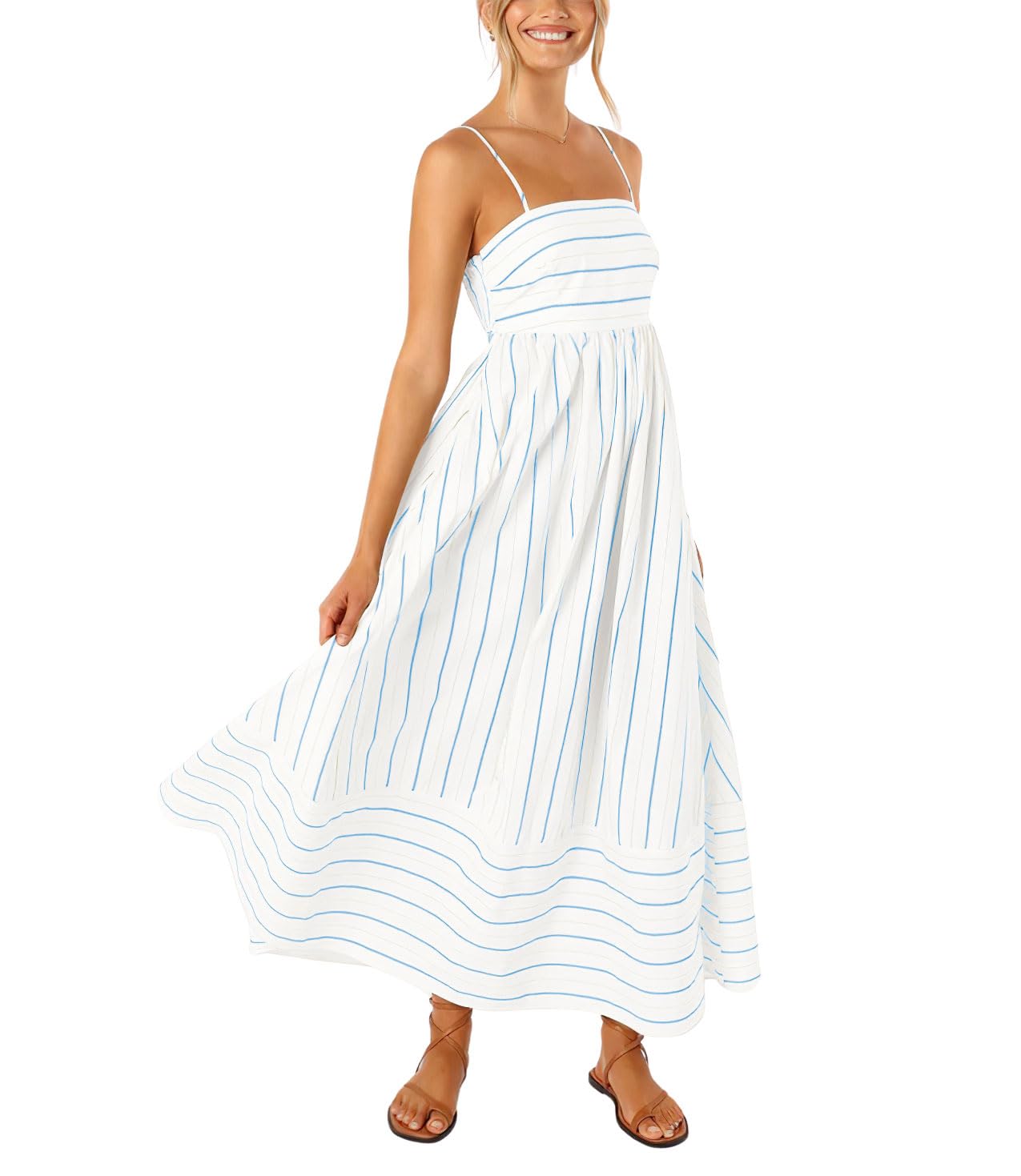 Reina Maxi Dress for Women – Square Neck, Thin Straps, Stripes, A-Line Cut & Smocked Back with Pockets