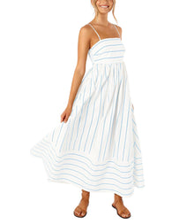 Reina Maxi Dress for Women – Square Neck, Thin Straps, Stripes, A-Line Cut & Smocked Back with Pockets