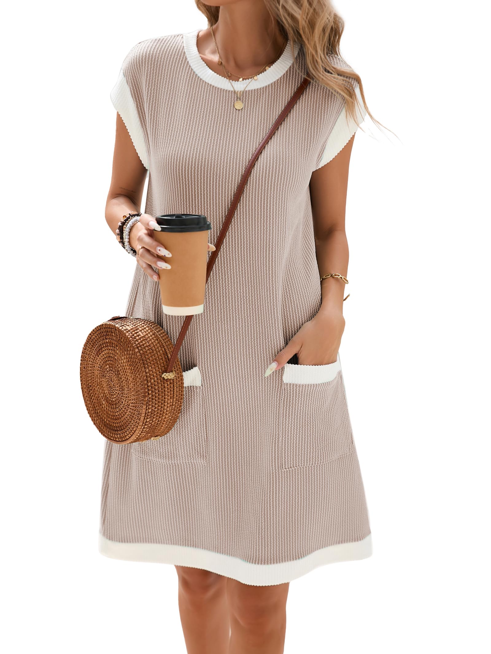 Winnie Women's Robe – Round Neck Color Block, Short Sleeves & Loose Fit Mini with Pockets Summer