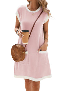 Winnie Women's Robe – Round Neck Color Block, Short Sleeves & Loose Fit Mini with Pockets Summer