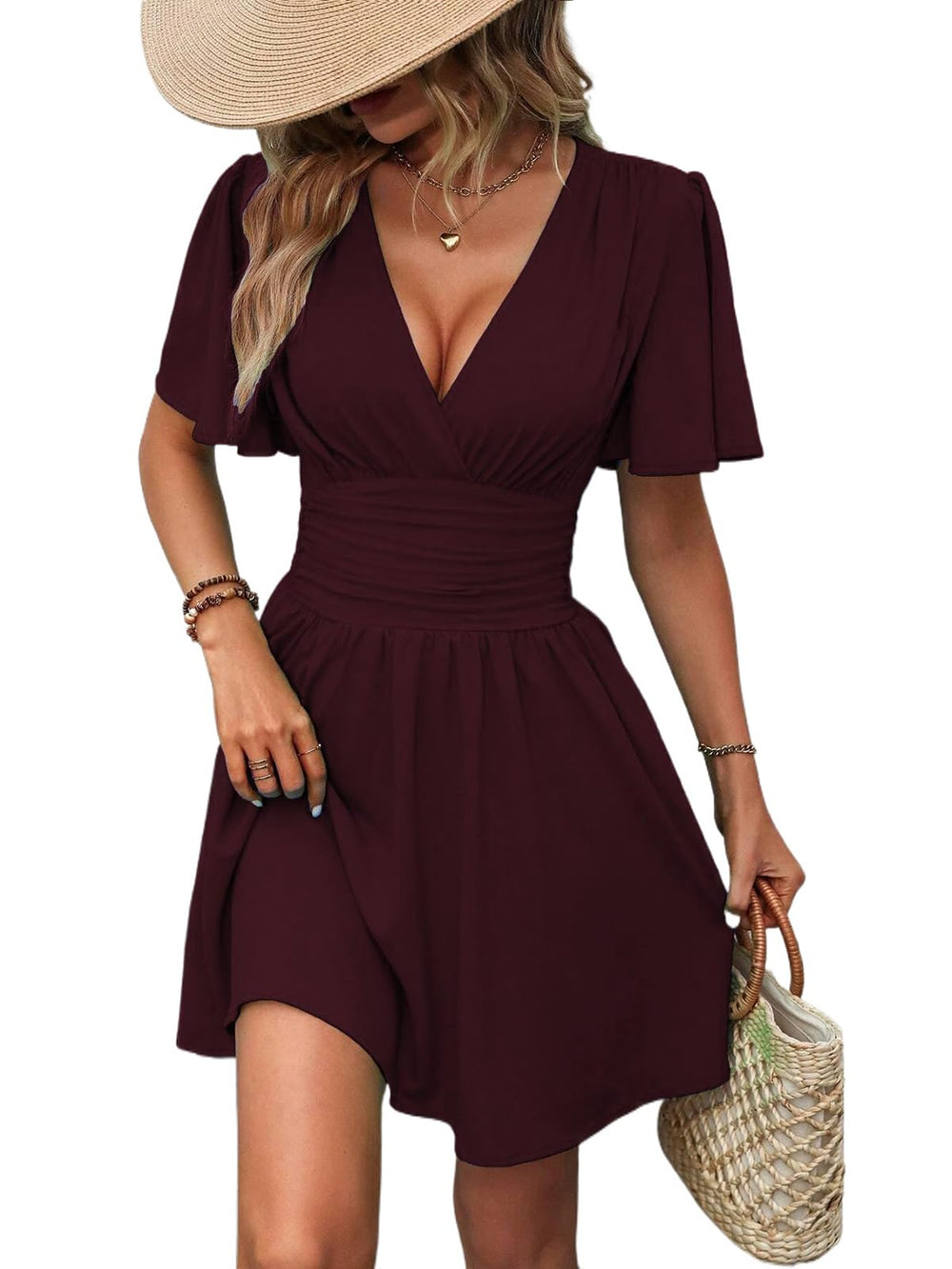 Luminelle Women's Dress – V-Neck Floral, Lantern Sleeves & Elegant A-Line Mini Cut