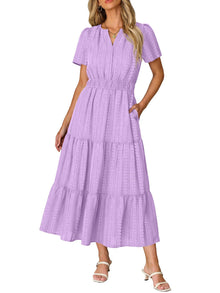 Ruma Women's Dress – V-Neck Short Sleeves, A-Line Maxi Cut & Elastic Waist with Pockets