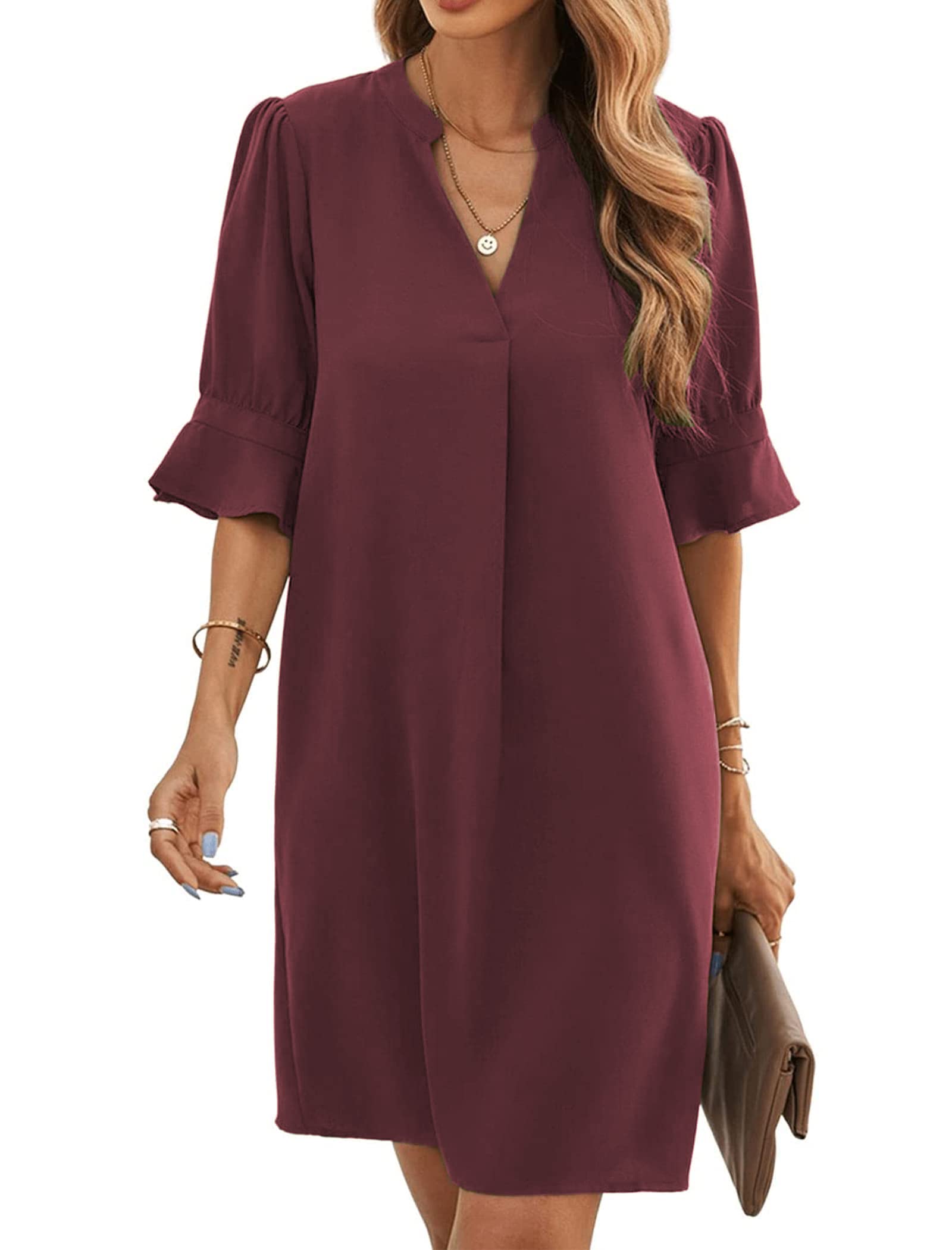 Bibiana Women's Dress – V-Neck Short Sleeves, Straight Cut Mini, Lightweight Solid Summer