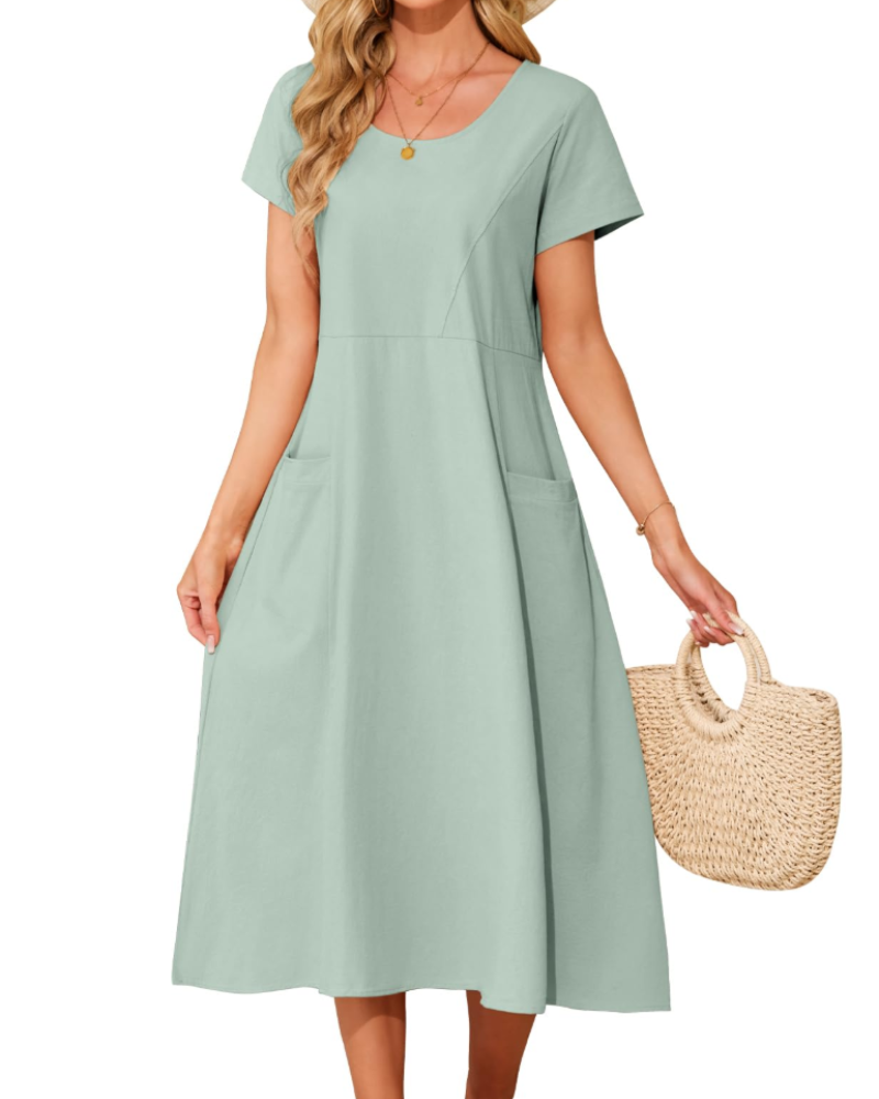 Sussie Maxi Cotton Dress for Women – Summer Dress with Round Neck, Loose Fit & Comfortable Pockets