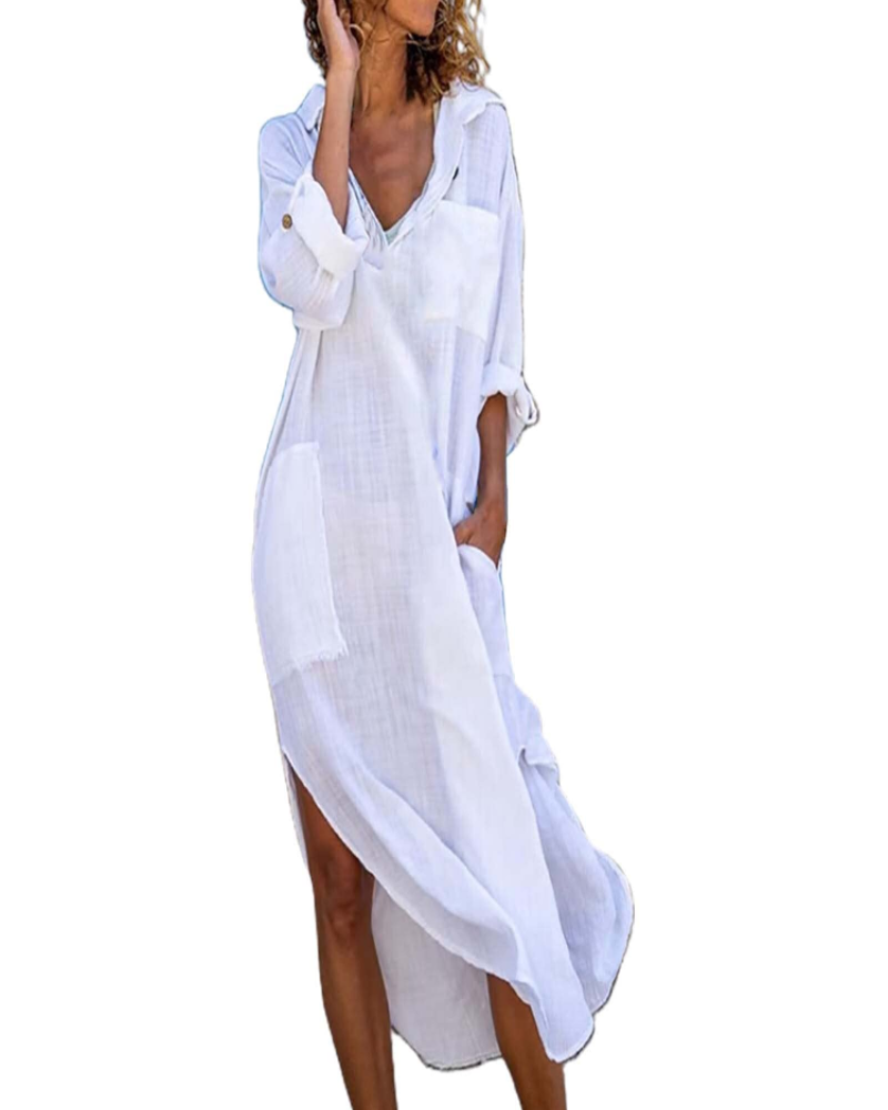 Lindy Women's Robe Chemise – Long Buttoned Cotton-Linen Dress Adjustable Size Elegant & Casual