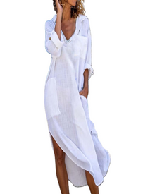 Lindy Women's Robe Chemise – Long Buttoned Cotton-Linen Dress Adjustable Size Elegant & Casual