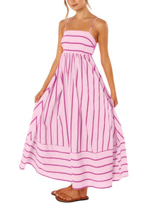 Reina Maxi Dress for Women – Square Neck, Thin Straps, Stripes, A-Line Cut & Smocked Back with Pockets