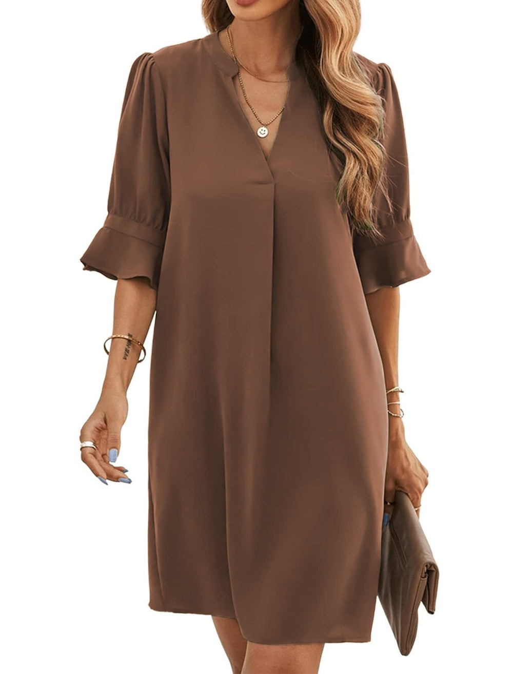 Bibiana Women's Dress – V-Neck Short Sleeves, Straight Cut Mini, Lightweight Solid Summer