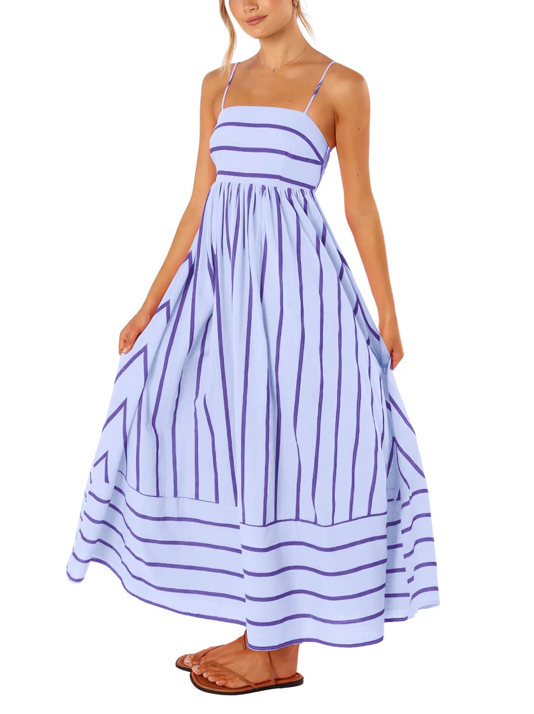 Reina Maxi Dress for Women – Square Neck, Thin Straps, Stripes, A-Line Cut & Smocked Back with Pockets