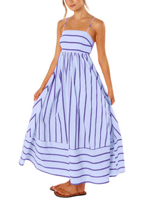 Reina Maxi Dress for Women – Square Neck, Thin Straps, Stripes, A-Line Cut & Smocked Back with Pockets