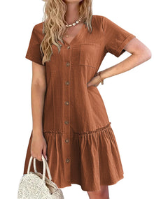 Trixie Women's Dress – Buttoned V-Neck, Cotton Linen Loose Fit & Ruffled Hem Summer