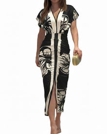 Women's Chinee Robe – Deep V Neck, Ruched Bodycon Midi Cut & Elegant Slit