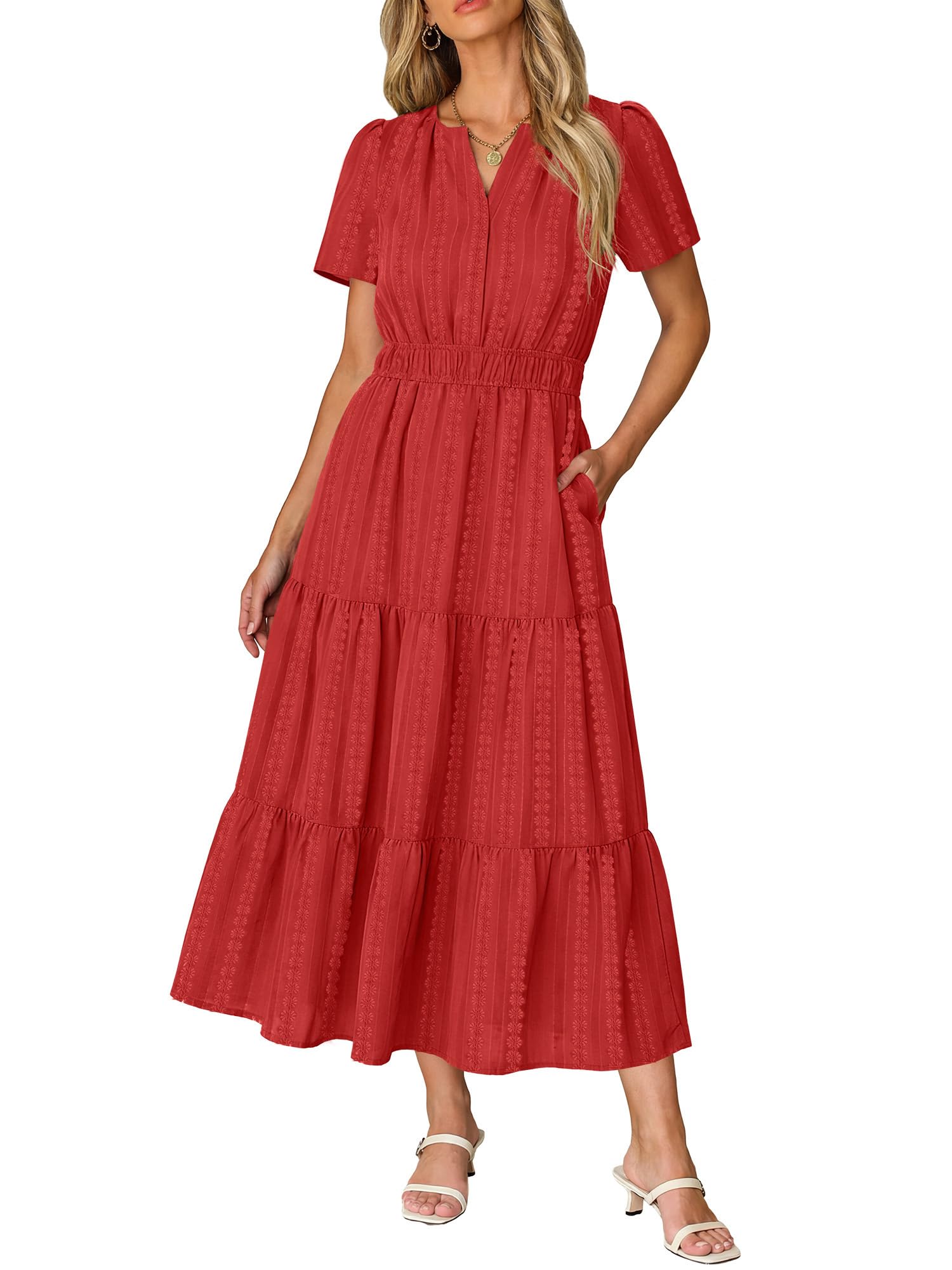 Ruma Women's Dress – V-Neck Short Sleeves, A-Line Maxi Cut & Elastic Waist with Pockets