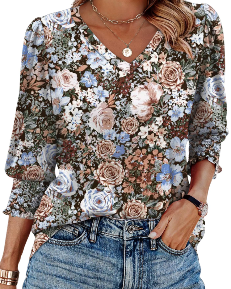 Veda Women's Blouse – Chic V-Neck Top with 3/4 Puff Sleeves & Smocked Cuffs