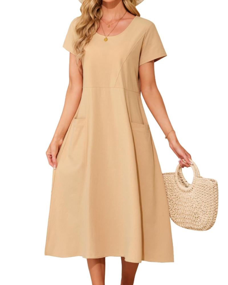 Sussie Maxi Cotton Dress for Women – Summer Dress with Round Neck, Loose Fit & Comfortable Pockets
