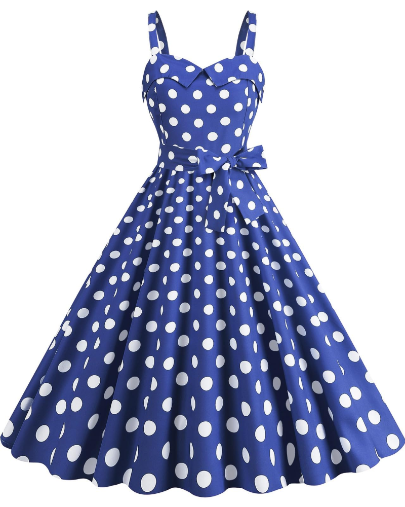 Rosie Women's Dress – Vintage Polka Dot Midi Dress V-Neck Sleeveless High Waist Chic Rockabilly
