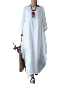 Sandy Long Dress for Women – Maxi Cotton-Linen Dress, Loose Fit, Round Neck, 3/4 Sleeves, Elegant