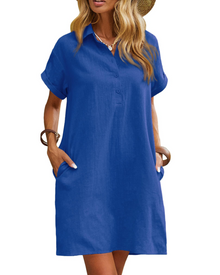 Raine Women's Dress Chemise – Mid-Length Linen Cotton Dress with V-Neck, Buttons, Pockets, Casual Chic Summer