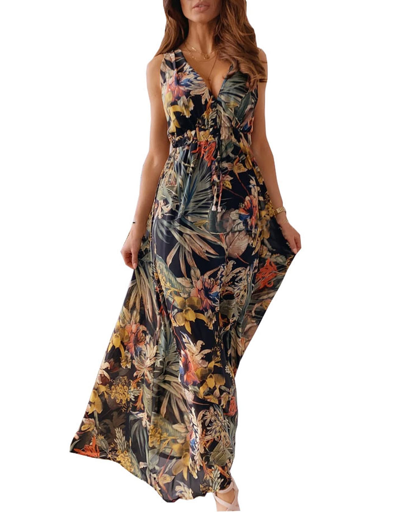 Windy Maxi Dress for Women – V-Neck Sleeveless, Adjustable Waist & Flowing Cut Double Lining Summer