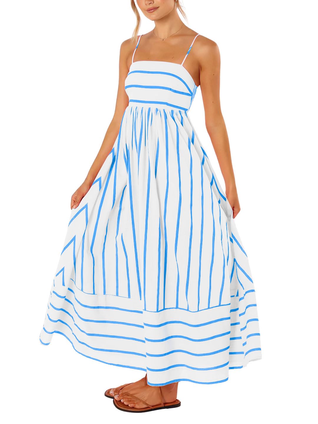 Reina Maxi Dress for Women – Square Neck, Thin Straps, Stripes, A-Line Cut & Smocked Back with Pockets