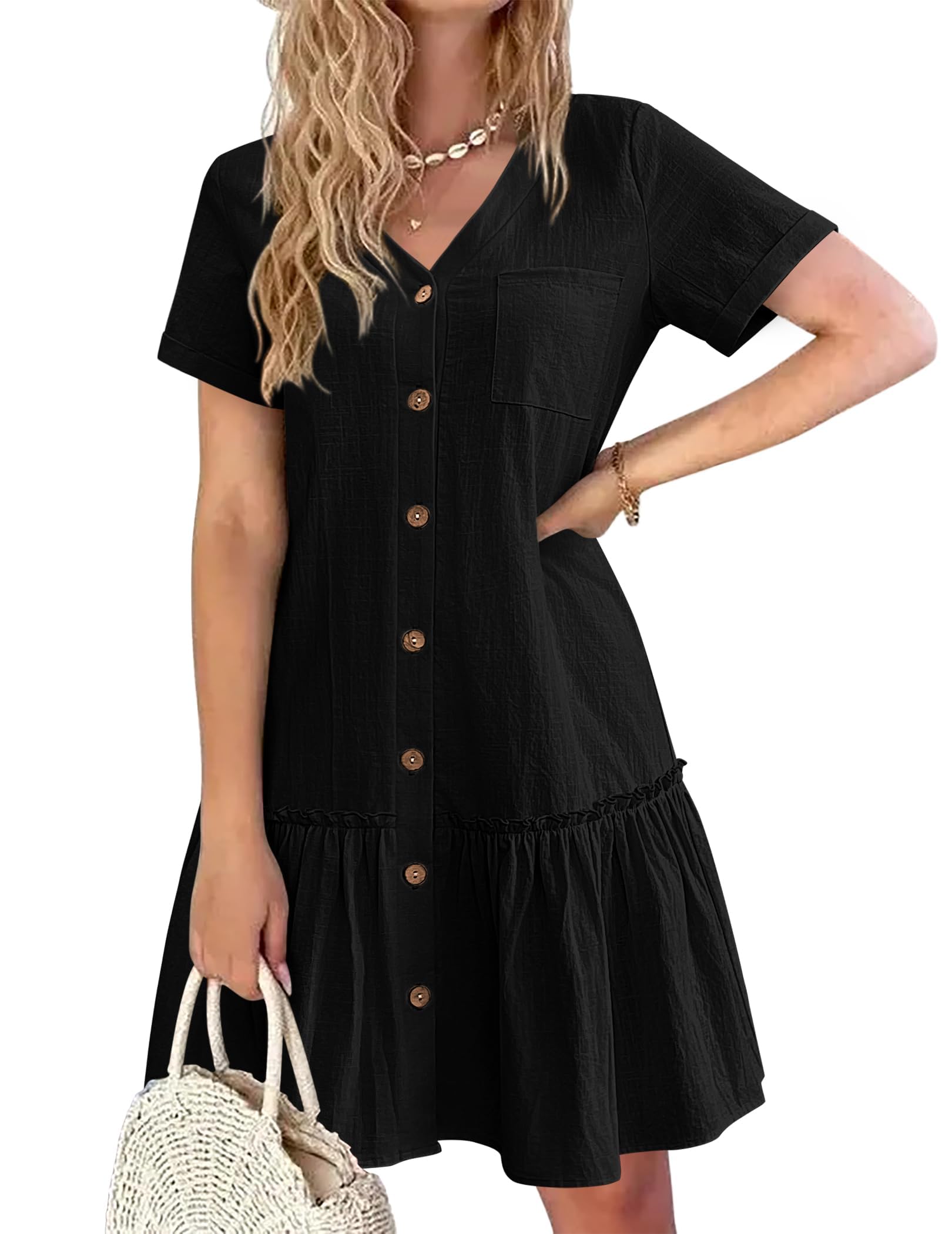 Trixie Women's Dress – Buttoned V-Neck, Cotton Linen Loose Fit & Ruffled Hem Summer