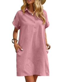 Raine Women's Dress Chemise – Mid-Length Linen Cotton Dress with V-Neck, Buttons, Pockets, Casual Chic Summer